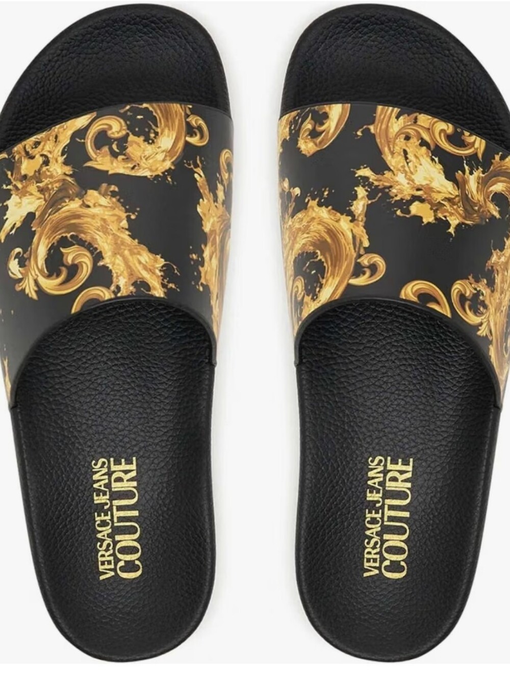 Versace Jeans Collection Black and Gold Baroque Print Slide Sandals